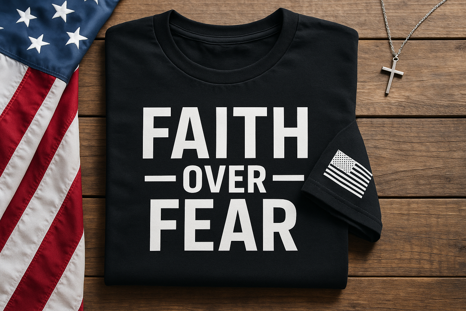A flat-lay mockup of a black unisex T-shirt with bold white text “Faith Over Fear” and a small American flag on the sleeve, folded neatly on a rustic wooden surface with cross pendant and flag background, soft daylight, Shopify product image style — image size 1200×1200